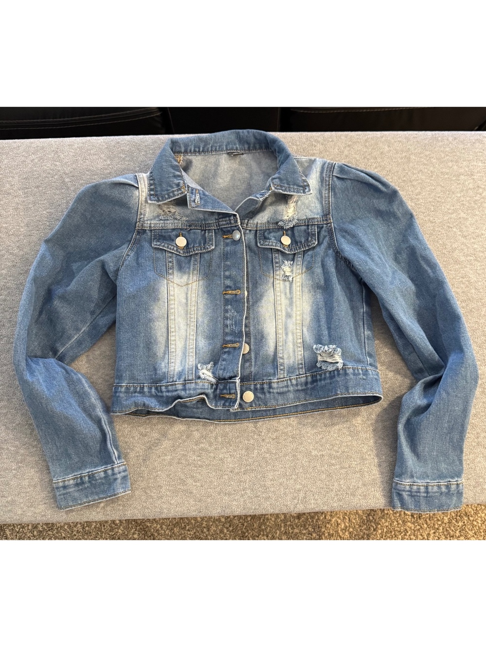 Shein teen blue cropped distressed denim jacket size 14Y